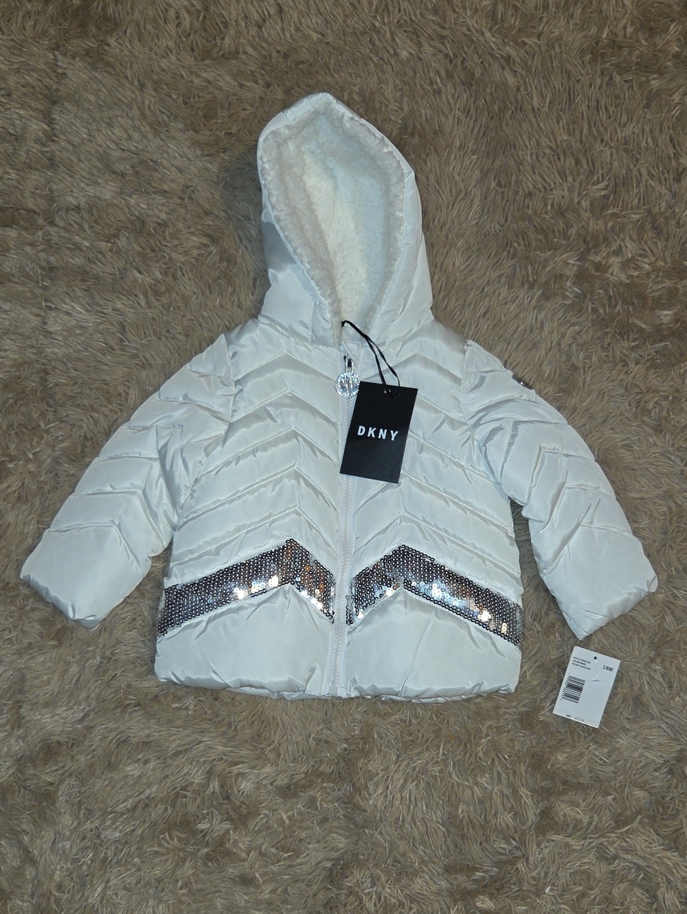 DKNY - Girl's Toddler Puffer Coat W/ Sequin Chevron Pattern